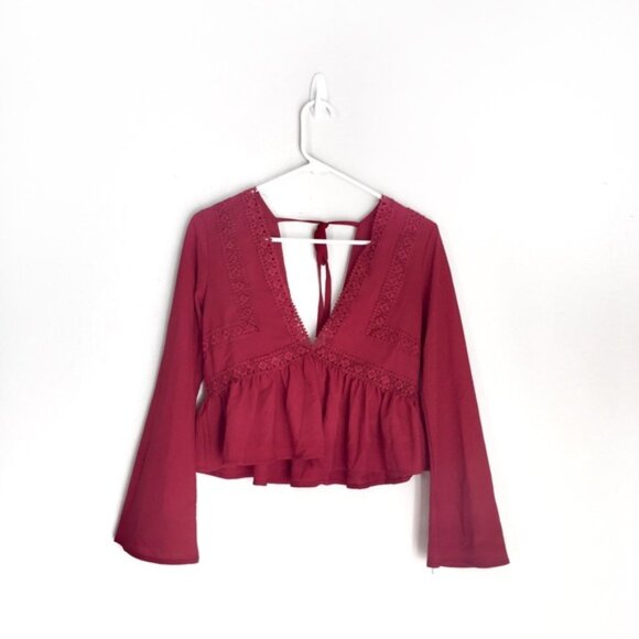 ⭐️5 for $25⭐️ Shein Burgundy Plunging Neckline Embroidery Long Sleeve Peplum Top - Picture 1 of 5